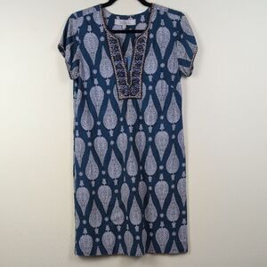 Bella Tu Beaded Blue Paisley Shirt Sleeve Dress Size XS 100% Cotton